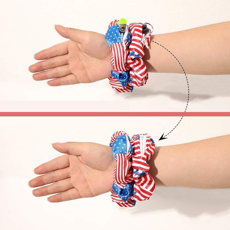 DINPREY 7 Pcs Independence Day Pocket Scrunchies for women Hair Ties with Hidden Zipper Stash Scrunchy Ponytail Holder (USA American Flag) - Image 3